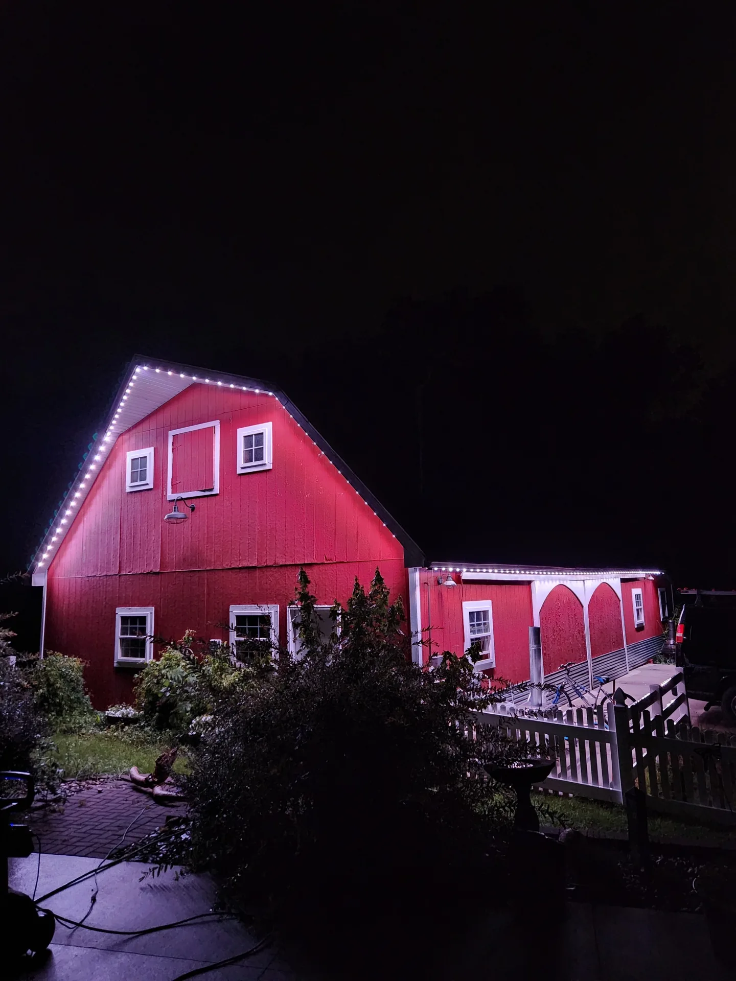 Barn with permanent LED lighting at night
