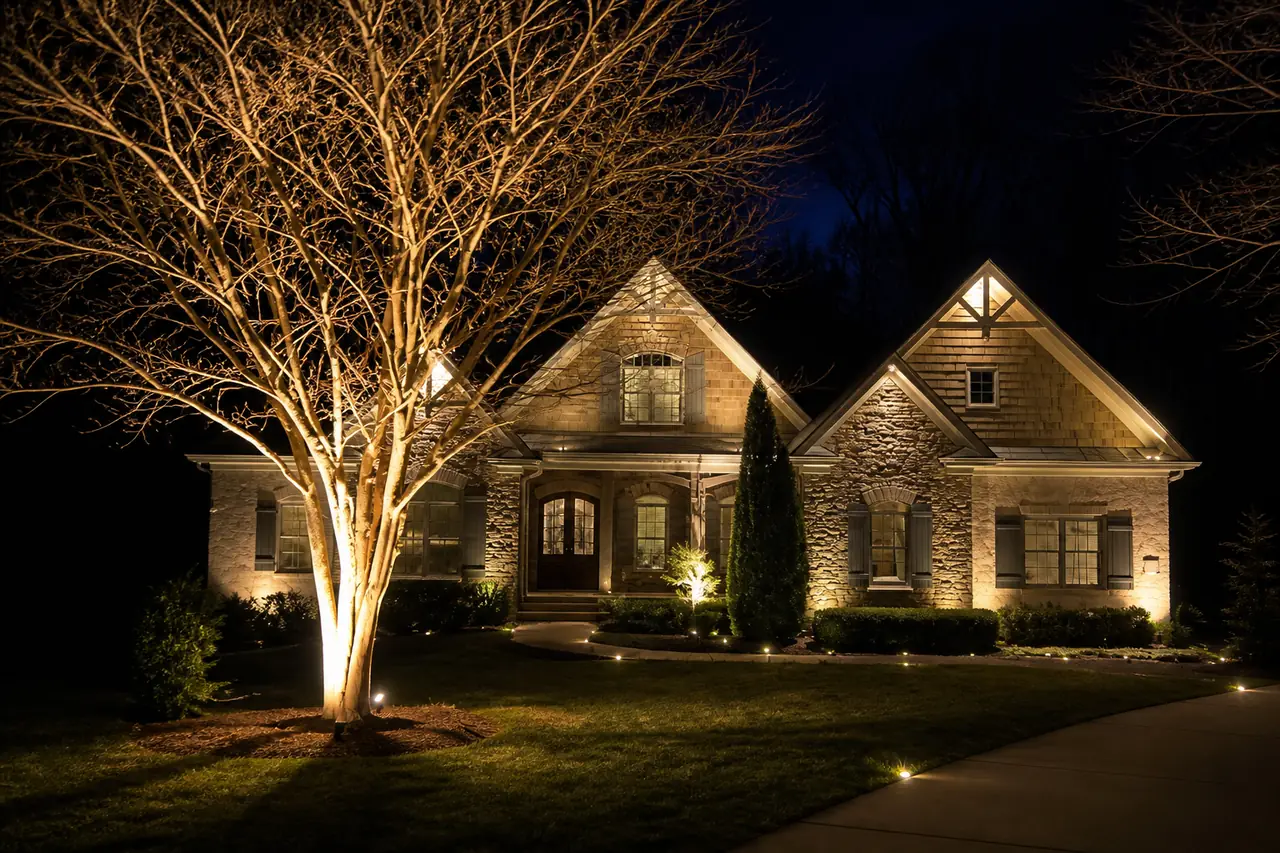 Tree uplighting and architectural facade lighting at night